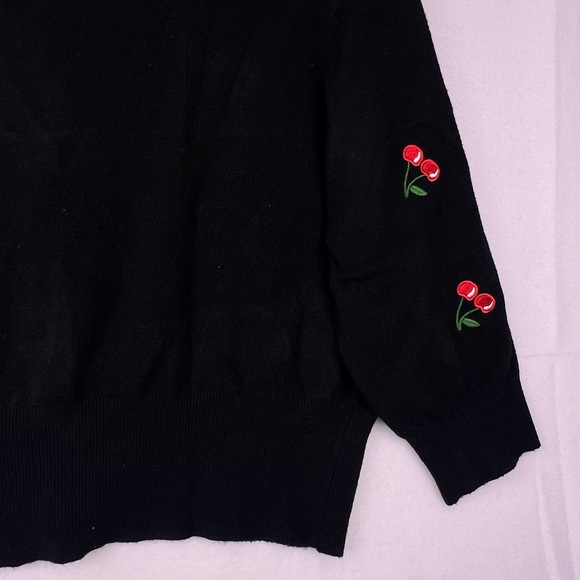 Belle Pogue Retro Embroidered Cherry Cropped V-Neck Cardigan Women's XL BLACK - Picture 4 of 16